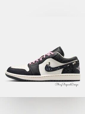 Air Jordan 1 Low Black Pink Shoes Customized With Swarovski Crystals Womens